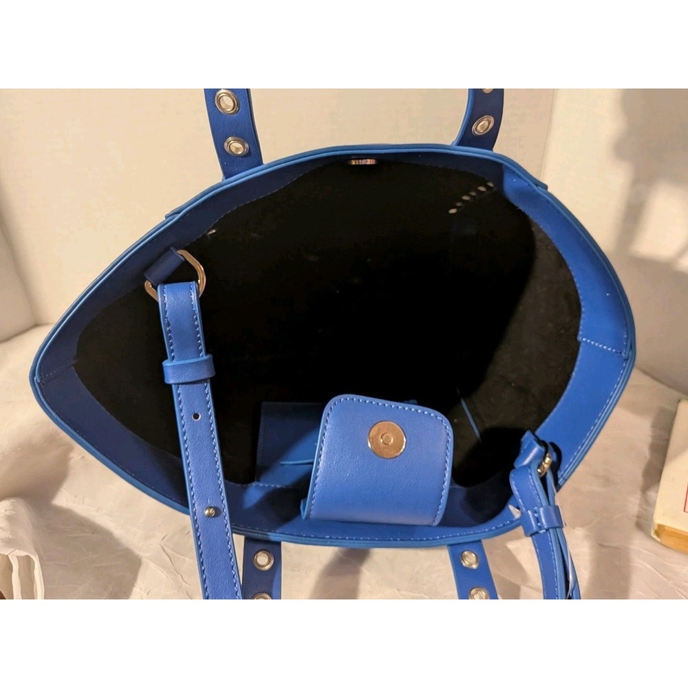 French Connection Purse Blue Faux Leather Bag Tote Grommets Double Handle - Picture 14 of 16